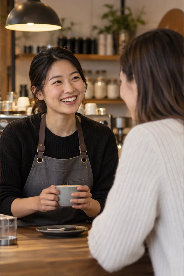 A café barista talking with a customer